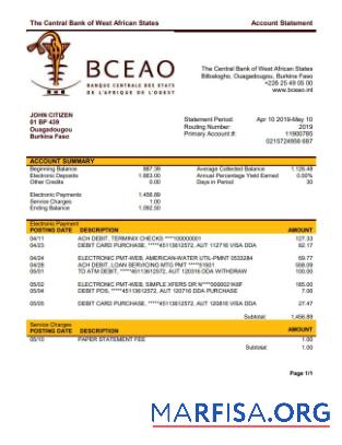 Realistic Burkina Faso The Central Bank of West African States bank statement word example